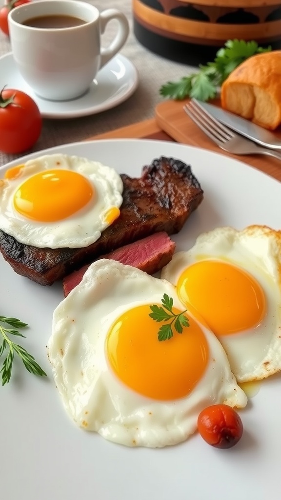 Savory Steak and Eggs Breakfast Recipe A plate of steak and eggs, with ribeye steak and sunny-side-up eggs, garnished with herbs.